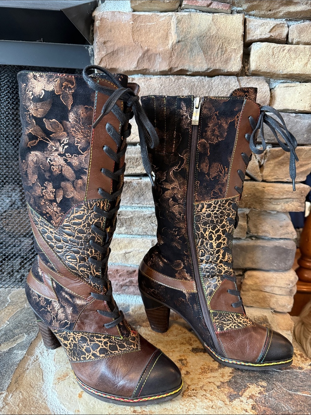 Brown Floral & Crackle Lace-Up Mid-Calf Boots